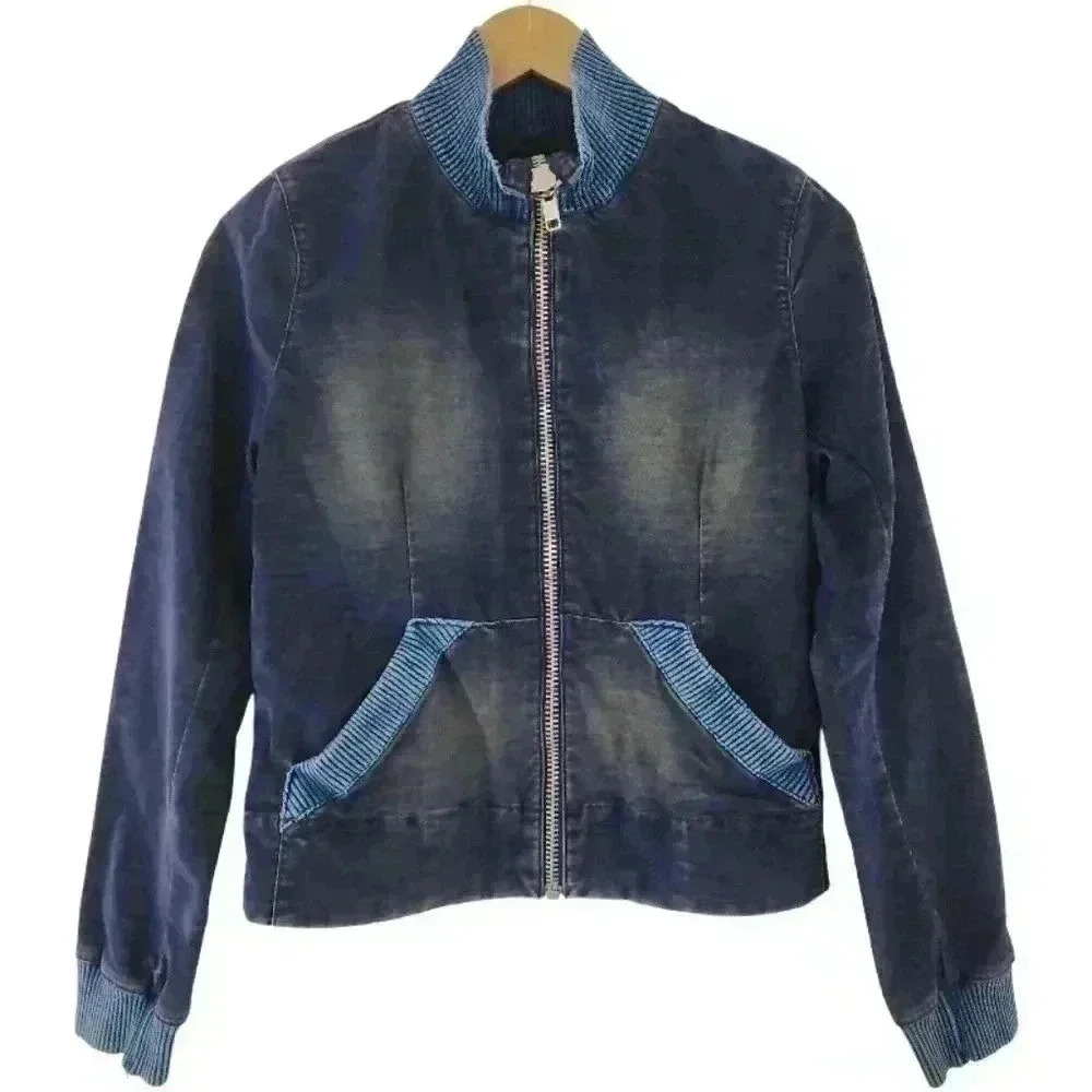 Joe's Jeans Dark Blue Distressed Bomber Jacket with Light Blue Trim